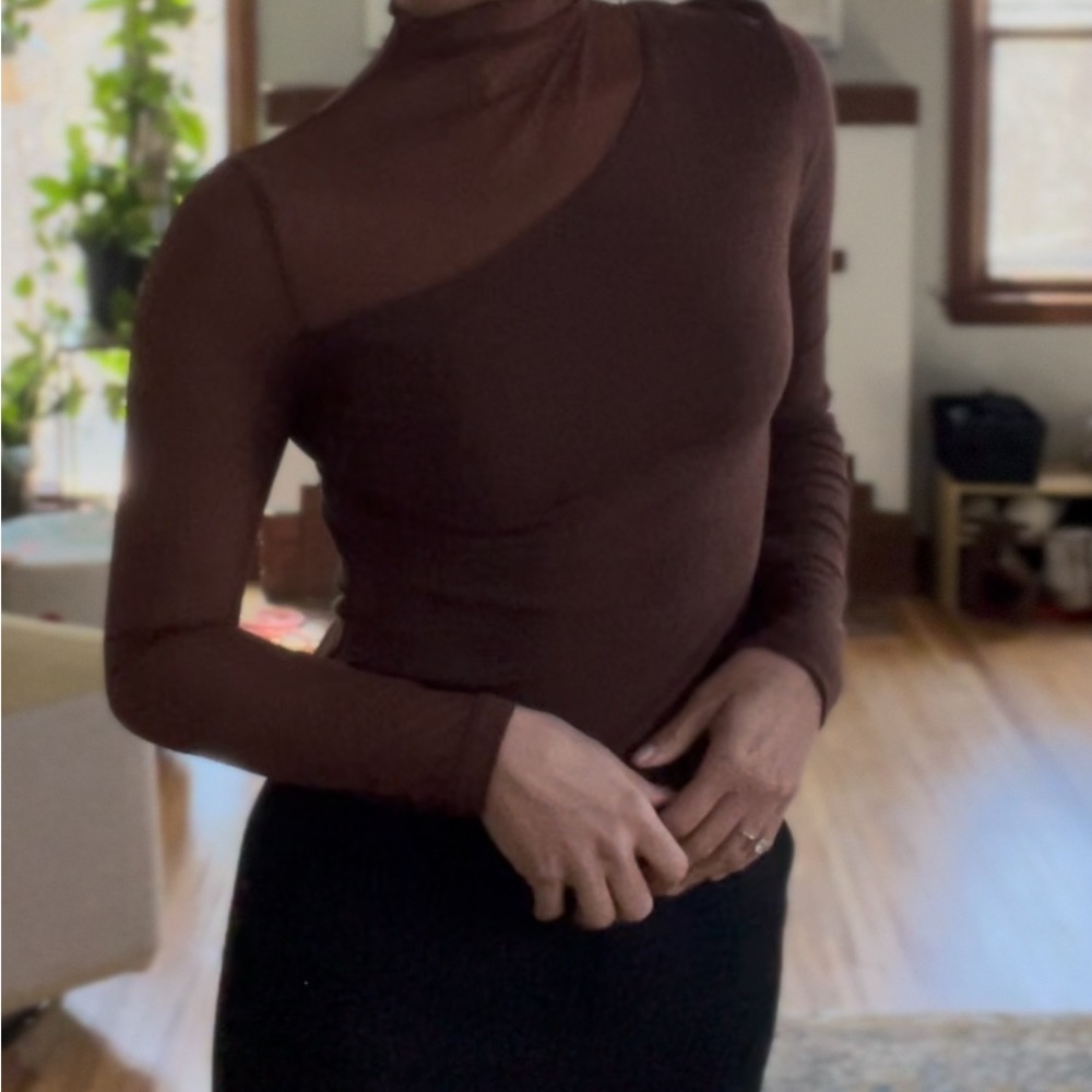Chic Brown Asymmetrical Top - sheet shoulder